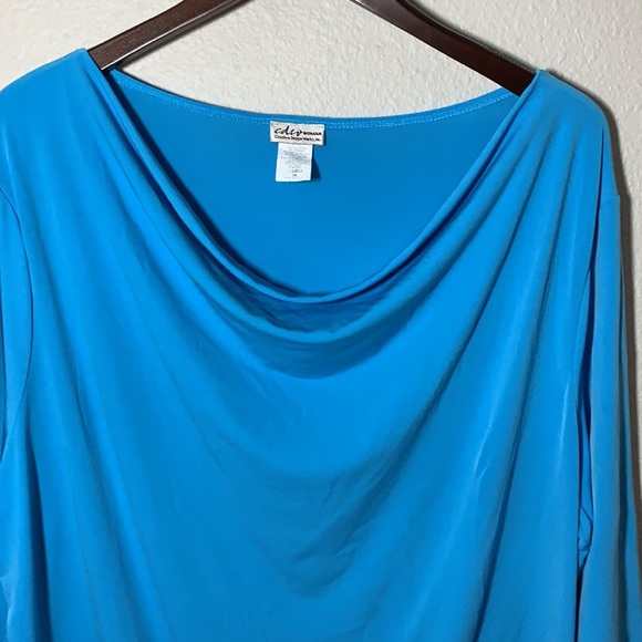 Creative Design Works Inc. sky blue draping cowl neck 3/4 sleeve Silky blouse 3X - Picture 3 of 6